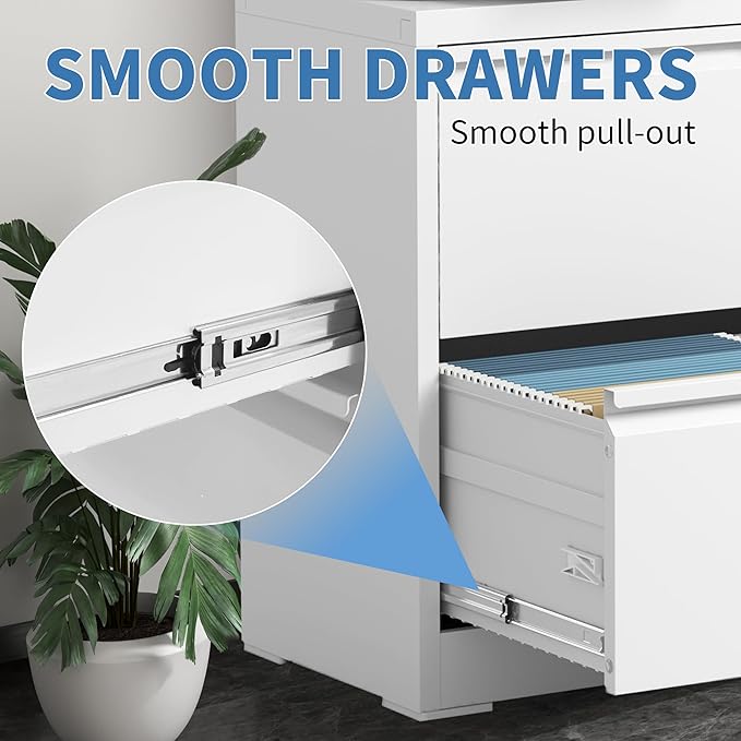 File Cabinets 2 Drawer,Metal Office Storage Filing Cabinet with Lock,White Lateral Filing Cabinet for Home Office,Horizontal Two Drawer File Cabinet for Legal/Letter/A4,Assembly Require,White