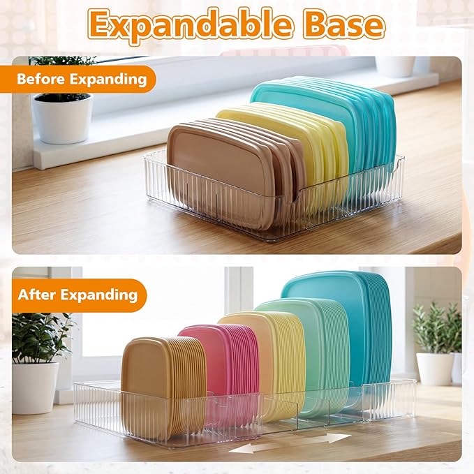 Junkin Expandable Lid Organizer for Cabinet – Clear Adjustable Food Container Lid Holder (10.6–18”) Plastic Storage Rack for Pantry Drawer & Kitchen Organization