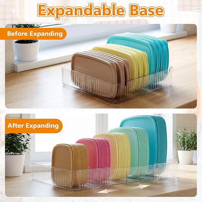 Junkin Expandable Lid Organizer for Cabinet – Clear Adjustable Food Container Lid Holder (10.6–18”) Plastic Storage Rack for Pantry Drawer & Kitchen Organization