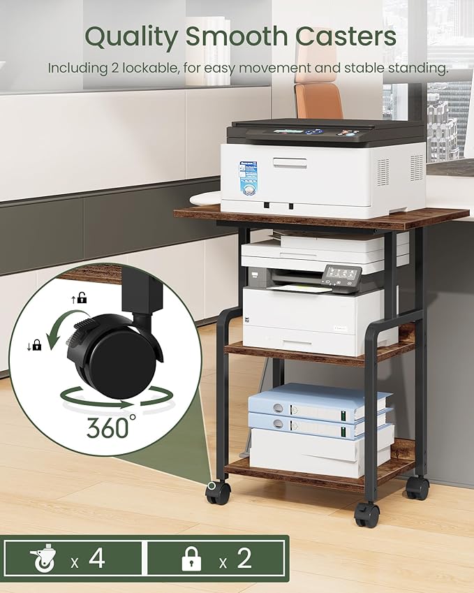23.6-in Printer Stand with Storage, 3-Tier Printer Table for Home Office, Printer Cart Under Desk Storage, Suitable for Study, Kitchen, Living Room, Rustic Brown and Black TPS02BF