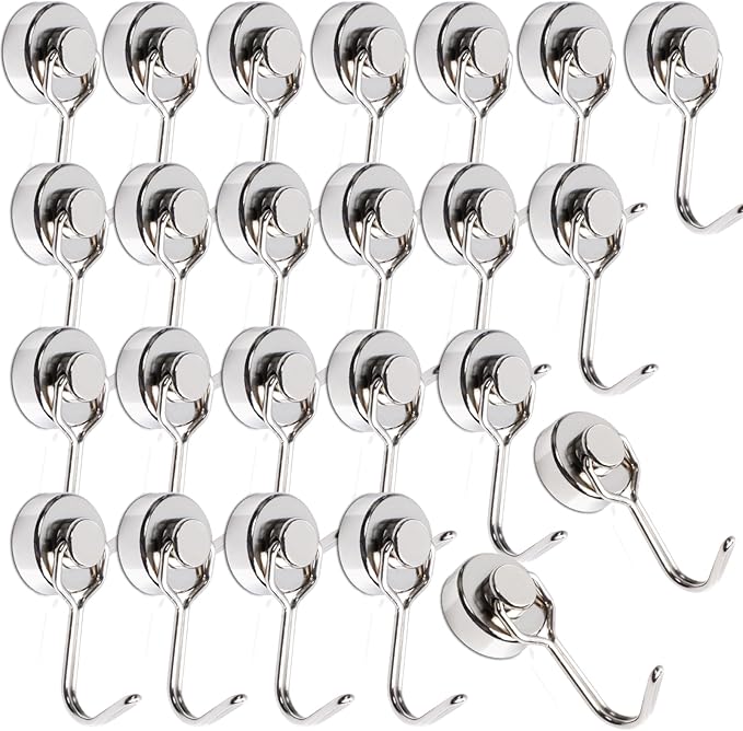 MAGXCENE 24 Pack Swivel Swing Magnetic Hooks, Strong Neodymium Magnetic Hooks Heavy Duty for Hanging, Rare Earth Magnet Hagner for Grill Classroom Cruise Kitchen Indoor Outdoor, 20mm in Diameter