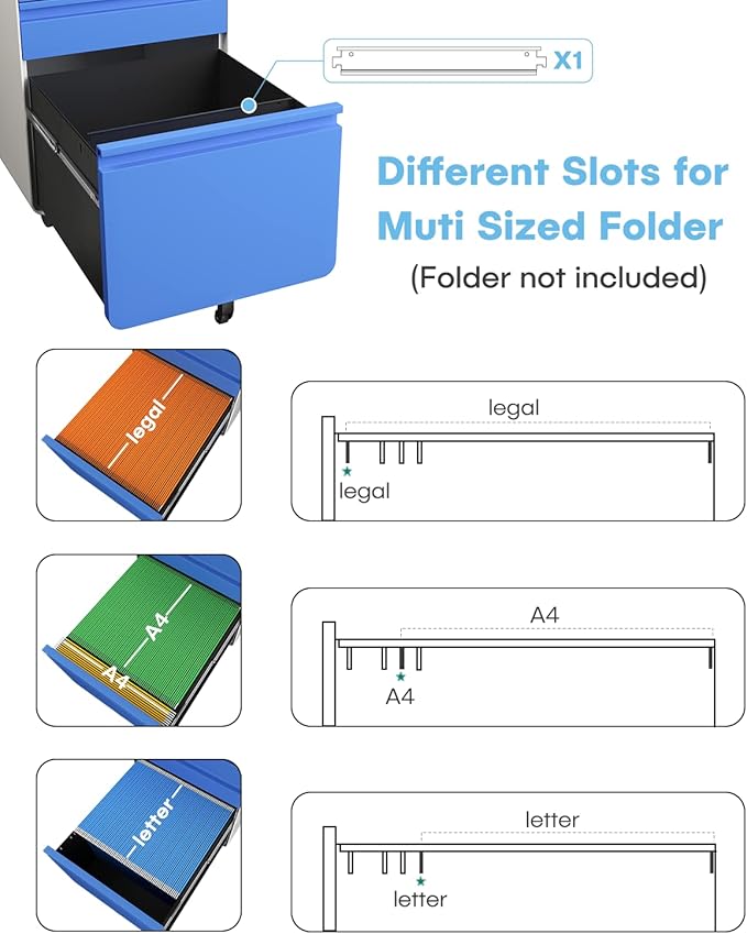 Dripex 3 Drawer File Cabinet, Metal Filing Cabinets with Lock Wheels & Hanging Rail for A4/Legal/Letter File, Anti-tilt Under Desk Design, Lockable Rolling Mobile File Cabinet for Home Office (Blue)