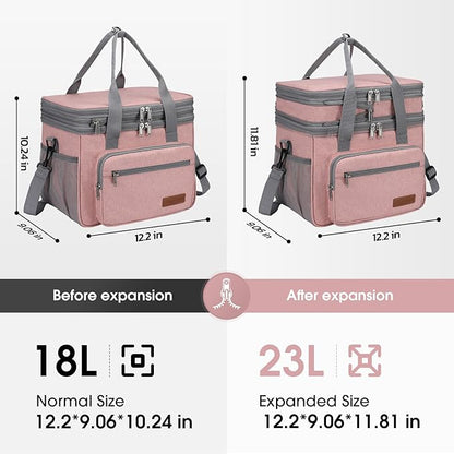 Maelstrom Lunch Bag Women,23L Insulated Lunch Box For Men Women,Expandable Double Deck Lunch Cooler Bag,Lightweight Leakproof Lunch Tote Bag With Side Tissue Pocket,Pink