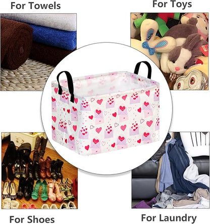 Empty Gift Basket for Girls Heart Print Storage Cube for Women, Closet Shelf Waterproof Organizer Bins with Handles Nursery hamper Kids Toys Books Box Room Deco