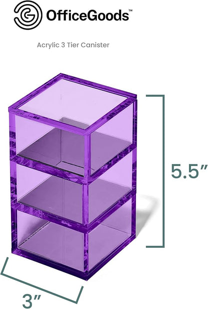 OfficeGoods 3-Tier Stackable Acrylic Holder- Stylish Desk Organizer and Storage for Office or Home – Transparent Square Design, Purple with Silver Metal Base