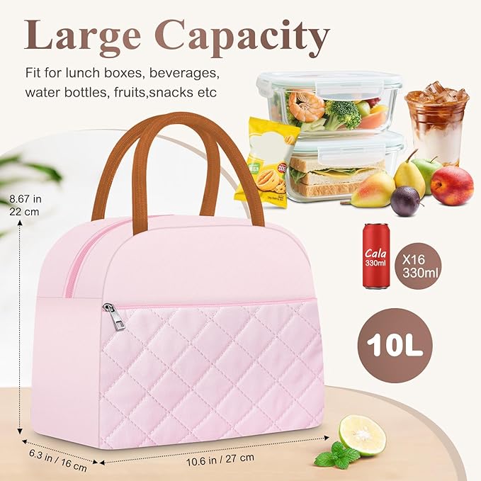 Lunch Box for Women Adult Men Insulated Cute Quilted Lunch Bag Women Reusable Large Lunch Tote Bag Leakproof Simple Cooler Bag for Work Office Picnic Beach or Travel