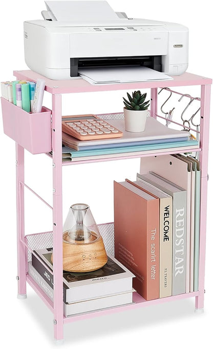 Small Under Desk Storage, Pink Printer Stand with Storage Shelf, 3-Tier Height Adjustable Printer Table with Basket & 3 Hooks for Home Office Fax Machine Scanner Files