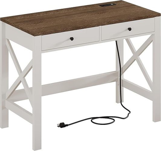 ChooChoo Computer Desk with USB Charging Ports and Power Outlets, Modern Simple 40 Inches Desk with Drawers, Makeup Vanity Console Table, Soft White