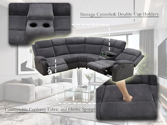 Reclining Sofa Couches with 4 Recliner Seats, 5 Pieces Living Room Furniture Sets, Dark Grey Corduroy Fabric Recliner Sectional Sofa Set with Drop-Down Table, Cup Holder,Storage Console