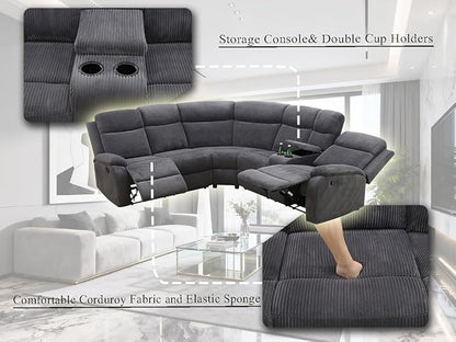 Reclining Sofa Couches with 4 Recliner Seats, 5 Pieces Living Room Furniture Sets, Dark Grey Corduroy Fabric Recliner Sectional Sofa Set with Drop-Down Table, Cup Holder,Storage Console
