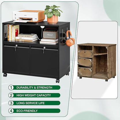 Metal File Cabinet,2 Drawer Filing Cabinet with Lock,Rolling Printer Stand Storage Cabinets with Shelves for Home Office Letter/Legal/A4 Size Files(Black)