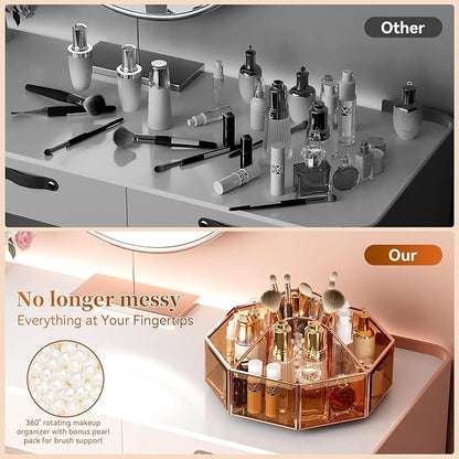 360° Rotating Makeup Organizer Spinning Vanity Organizer with Makeup Brush Holder for Countertop, Bathroom Storage, Skincare, Perfume & Cosmetic Organizer for Vanity Amber