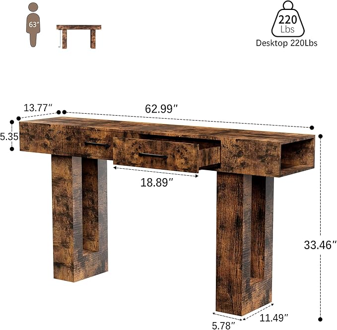 63" Industrial Console Table with Outlets and 2 Drawers, Rustic Long Sofa Table for Living Room, Bedroom, Hallway, Entryway Storage and Display