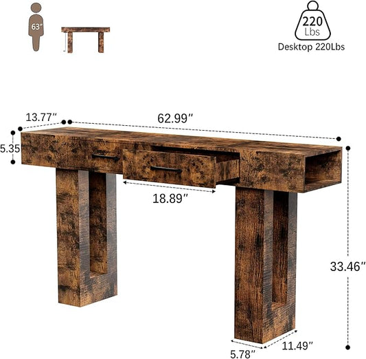 63" Industrial Console Table with Outlets and 2 Drawers, Rustic Long Sofa Table for Living Room, Bedroom, Hallway, Entryway Storage and Display