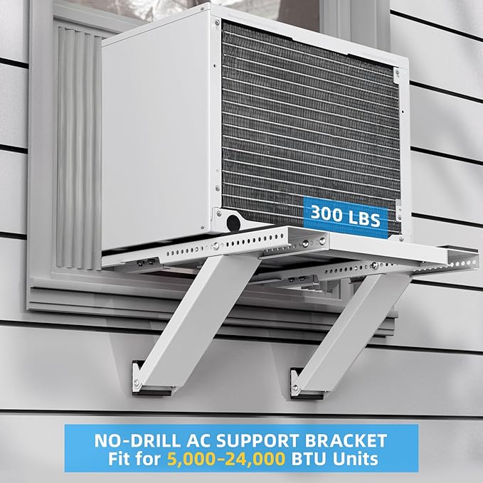 Window AC Support Bracket, No-Drill No-Tool Air Conditioner Support Bracket Adjustable Wall Mount, Heavy Duty Steel Holds Up to 300lbs, Fits Single Or Double Hung Windows, White