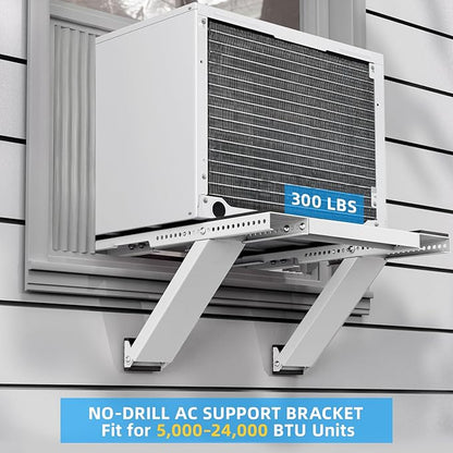 Window AC Support Bracket, No-Drill No-Tool Air Conditioner Support Bracket Adjustable Wall Mount, Heavy Duty Steel Holds Up to 300lbs, Fits Single Or Double Hung Windows, White
