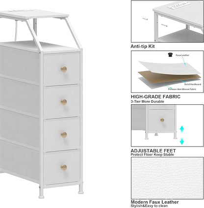 Tohomeor Narrow Dresser Tall Skinny Storage Tower Vertical Slim Chest of Drawers with Charging Station Small Nightstand Side Table for Bedroom, Bathroom, Small Spaces (White, 4 Drawers)