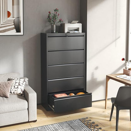 5 Drawer Lateral File Cabinet with Lock, Black Metal Lateral Filing Cabinet for Home Office, Steel Wide Filing Cabinets for Letter/Legal/A4/F4 Hanging File Folders (Black)