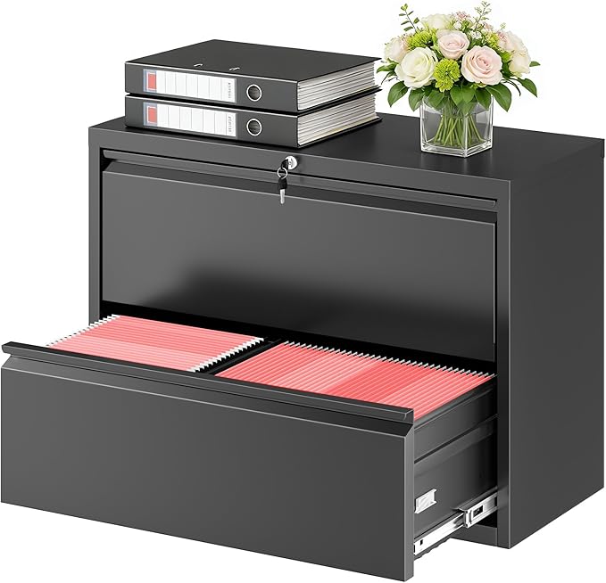 Bonusall File Cabinet, Lateral Filing Cabinet, 2 Drawer Metal File Cabinet with Lock, Lockable Filing Cabinet for Home Office, Hanging Files Letter/Legal/A4/F4 - Black