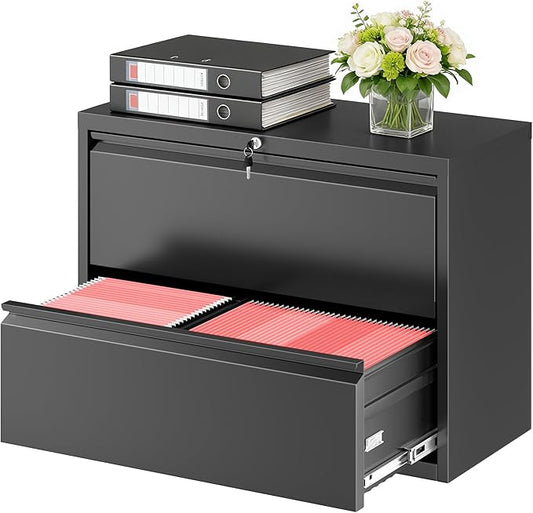 Bonusall File Cabinet, Lateral Filing Cabinet, 2 Drawer Metal File Cabinet with Lock, Lockable Filing Cabinet for Home Office, Hanging Files Letter/Legal/A4/F4 - Black