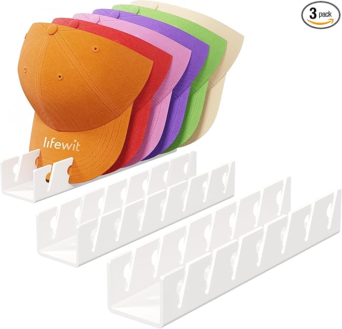 Lifewit 3 Pack Hat Organizer for Baseball Caps, Hat Storage Rack for 21 Ball Caps, Hat Stand Shelf for Trucker Hat and Golf Cap in Closet, Bedroom, Dresser, White