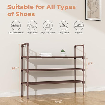 3 Tier Shoe Rack for Closet Shoe Organizer with 5 Hooks, Long Shoe Shelf Storage for Shoe and Boot Stackable Free Standing Shoe Rack for Entryway, Garage, Small Spaces, Dorm, Brown