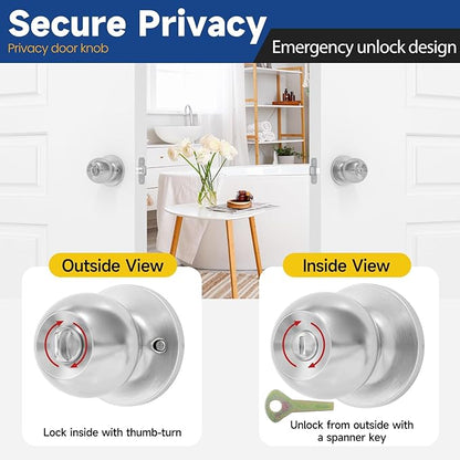 Privacy Door Knob Keyless Door Knobs Interior with Lock Bathroom Door Knob with Lock Satin Nickel Doorknob, 3 Pack