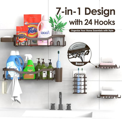 Shower Caddy Adhesive Shower Organizer 7-Pack, Rustproof Stainless Steel Bathroom Shelves, Large Capacity No-Drill Rack Storage Accessories with Soap Dish Toothbrush Holder Hooks