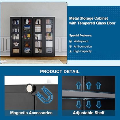 Display Storage Cabinet with Glass Doors, 65 Inches Metal Curio Cabinets with 4 Adjustable Shelves, HD Tempered Glass Cabinet Display Case for Home, Office, Pantry, Assemble Required (Black)