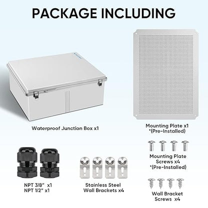 TICONN Outdoor Electrical Box Waterproof, Junction Box IP67 ABS Plastic Enclosure with Hinged Cover with Mounting Plate, Wall Brackets, Cable Glands (Off-White, 17.7"x13.8"x7.9")