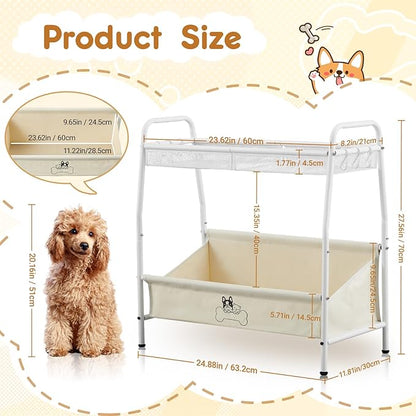 Zonon Large 2 Tier Dog Toy Organizer Basket Metal Pet Storage Bin with Collar Leash Holder Hook,Trapezoid Pet Toy Box for Food, Snacks & Accessories, Holder Chest for Dog & Cat Essential Supplies
