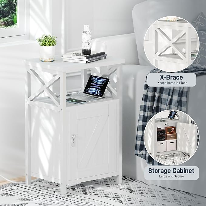 Wooden Nightstand with Lock, Bed Side Table with Drawers, Bedside Table with Charging Station, 3 USB & 2 Outlets, Night Stand with Storage, End Tables for Bedroom, Dorm, White