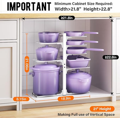 MUDEELA 8-Tier Pots and Pans Organizer under Cabinet, Heavy Duty Adjustable Pot Pan Organizers inside Cabinet, Kitchen Cabinet Organizers and Storage Pot Rack for Big Stockpots, Heavy Cookware, White