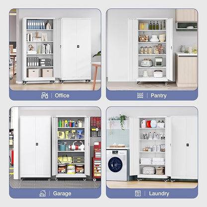 Metal Storage Cabinet with Wheels, Tall Garage Storage Cabinet with 4 Adjustable Shelves and 2 Doors, Lockable Tool Cabinet for Garage Home Office,Gym,School (White)