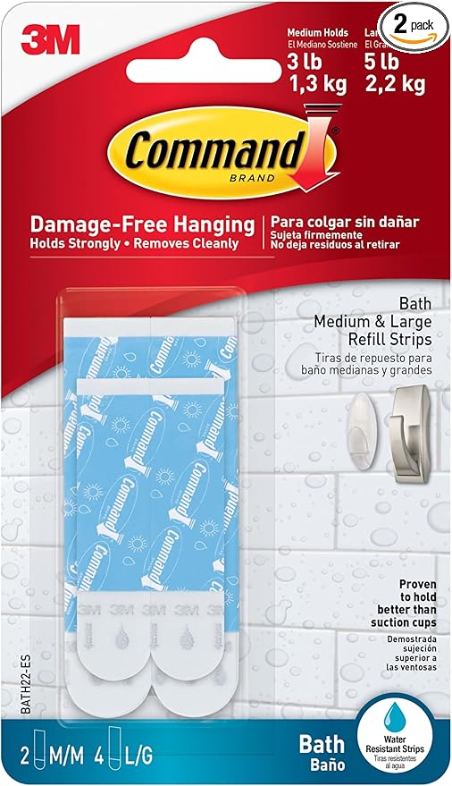 Command Bath Replacement Strips, 2-Medium and 4-Large Water-Resistant Adhesive Strips, Re-Hang Bath Hooks or Caddies