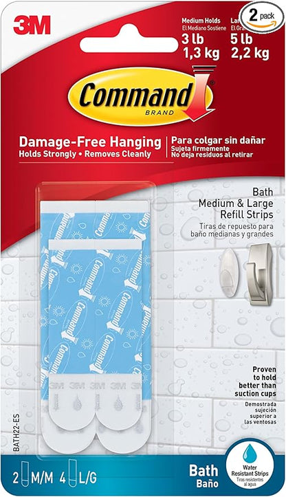 Command Bath Replacement Strips, 2-Medium and 4-Large Water-Resistant Adhesive Strips, Re-Hang Bath Hooks or Caddies