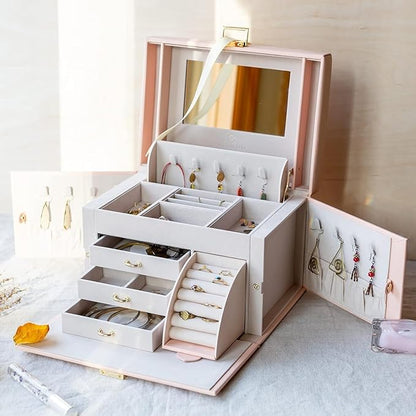 Vlando Jewelry Box Organizer for Girls Women, Large Baroque Jewelry Holder Organizer with Mirror, 3 Drawers for Bracelets, Earrings, Rings, Necklaces, Mothers Day for Loved One, Pink