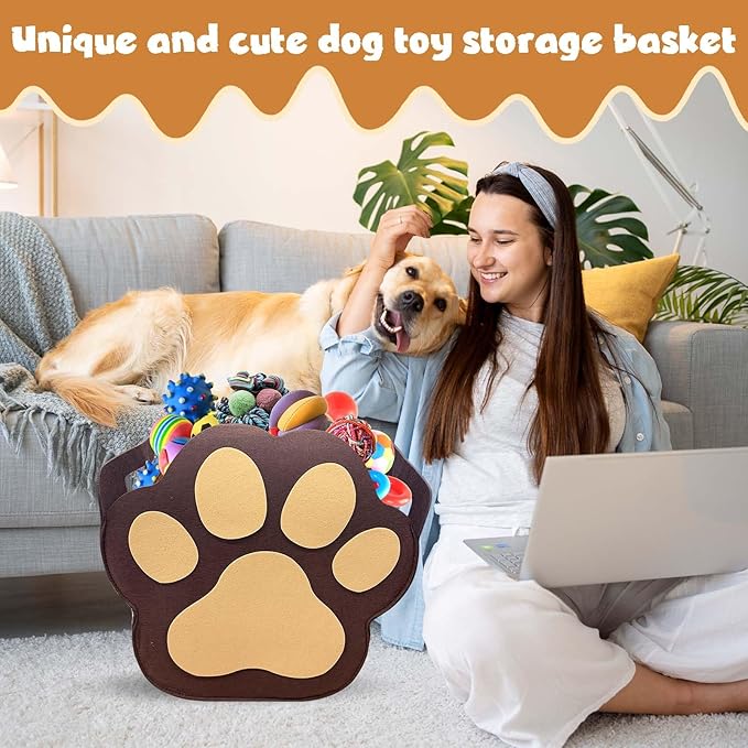 Large Dog Toy Basket Paw Storage Box for Dog Toys & Pet Supplies Felt Dogs Storage Box for Living Room Area Large Organizer for Pet Toys, Blankets and Accessories