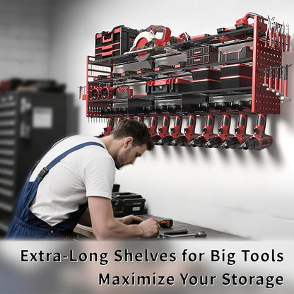 52" Heavy Duty Power Tool Organizer Wall Mount with 12 Drills Holder, 4-Tier Power Tool Storage Rack, DIY Pegboard Side Panels,4 Long Hooks, Garage Metal Tool Shelf for Battery,Drills