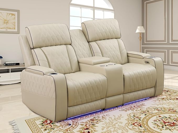 Living Room Furniture Sets, Power Recliner Sofa Couches, Beige Breathing Leather Sofa Loveseat with 2 Recliner Seats/Cup Holders/LED Light/USB Port for Living Room, Apartment, Office