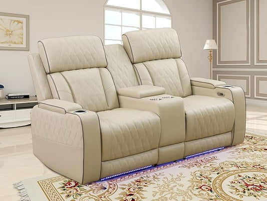 Living Room Furniture Sets, Power Recliner Sofa Couches, Beige Breathing Leather Sofa Loveseat with 2 Recliner Seats/Cup Holders/LED Light/USB Port for Living Room, Apartment, Office
