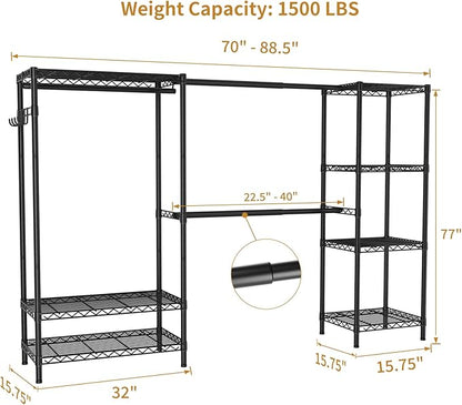Heavy Duty Garment Rack Clothes Rack,Large Metal Closet Organizer System Storage Wardrobe,Freestanding Clothing Rack with 7 Adjustable Wire Shelves&3 Hang Rods,MaxLoad 1500lbs