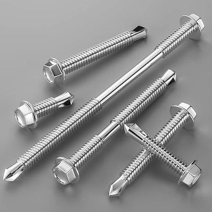 (150Pcs) #8×2" Hex Washer Head Self Drilling Screws, 410 Stainless Steel Metal SheetScrews，TEK Screws, Sheet Metal Self Tapping Screws