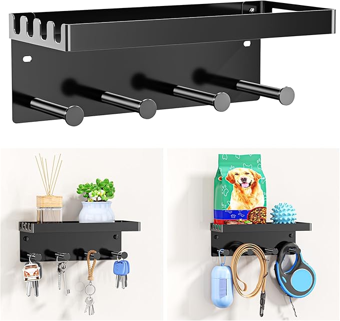 Dog Leash Holder for Wall, Key Holder Wall Mount, Metal Dog Leash Hooks, Pet Stuff Storage Shelf for Leash Hanger, Entryway Organizer Key Rack for Pet Collar, Treats, Toys, Mail (Black)
