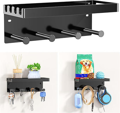 Dog Leash Holder for Wall, Key Holder Wall Mount, Metal Dog Leash Hooks, Pet Stuff Storage Shelf for Leash Hanger, Entryway Organizer Key Rack for Pet Collar, Treats, Toys, Mail (Black)