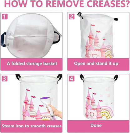 Kids Hamper Pink Castle Storage Bins Organizer Toy Box Laundry Basket Large Canvas Collapsible Chest for Home/Dorm/Kitchen/Pet/Office/Closet/Shelf/Gift Baskets