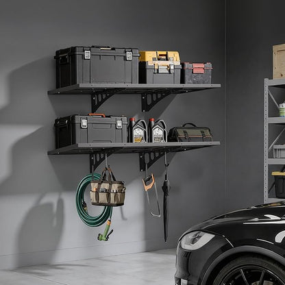 VEVOR 2-Tier Heavy Duty Wall Garage Shelving, 1.64 x 4 ft Steel Wall Mounted Shelving Unit, 19.68 x 48 Inch Per Shelf Floating Storage Metal Rack for Garage with 560 lbs Total Weight Capacity, Black