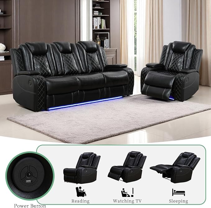 2 Pieces Living Room Furniture Sets, Power Recliner Sofa Set, Black Leather Power Reclining Sectional Sofa Couch Set with 3 Recliner Seats with Storage Console/Cup Holders for Home Theater/RV