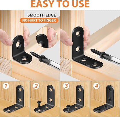32PCS L Corner Brackets, MAPVOLUT Black Heavy Duty L Brackets for Shelves with 100PCS Screws, Metal Right Angle Shelf Bracket, Metal Corner Brace for Wood Furniture (1.57x1.57in/0.79x0.79in)