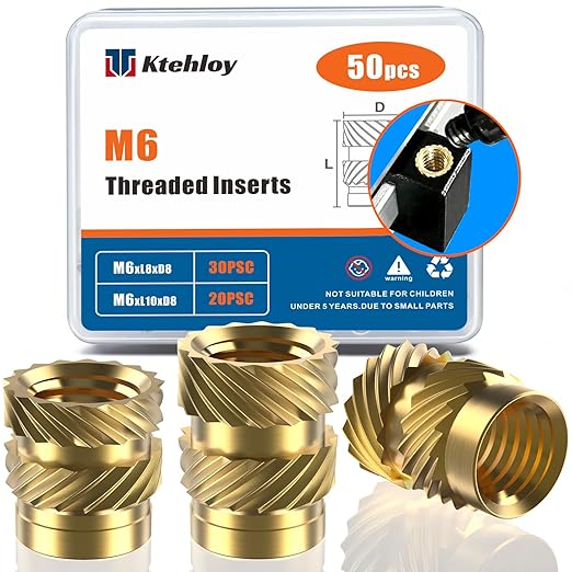 50Pcs M6 Threaded Inserts, M6 Female Thread Metric Knurled Nuts Assortment Kit, Brass Heat Set Insert for Plastic and 3D Printing Components (M6x8x8, M6x10x8)